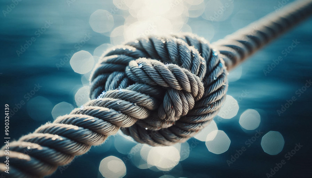 Close-Up of a Sturdy Knot on a Thick Rope Against a Blue Background Close-Up of a Sturdy Knot on a Thick Rope Against a Blue Background