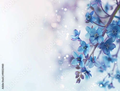 Bright blue forget me nots bloom softly against a blurred bokeh backdrop