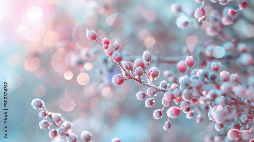 Delicate winter berries coated in frost shimmer softly in a blurred, dreamy background of winter light Delicate winter berries coated in frost shimmer softly in a blurred, dreamy background of winter light