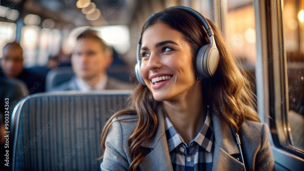 Portrait of happy young woman in headphones riding in the train. Portrait of happy young woman in headphones riding in the train.
