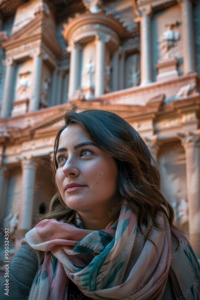 Woman Gazing Upward at an Ancient Facade Woman Gazing Upward at an Ancient Facade