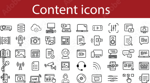 Business Content Thin Line Icons set. Content icons Pixel perfect. Mobile, message, support, Digital gadgets and network