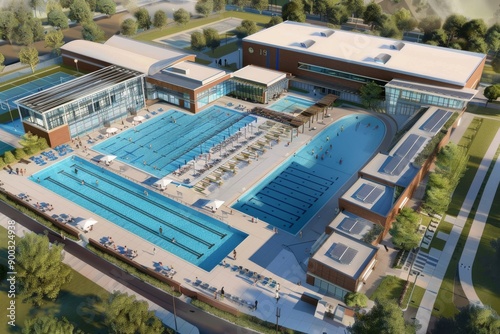 Aerial View of a Modern Aquatic Center with Multiple Pools