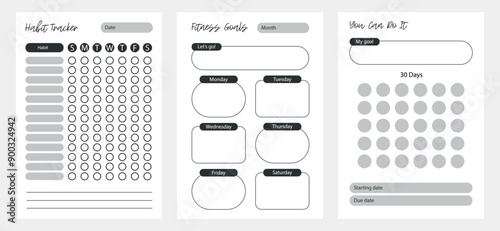 .Fitness goals. planner pages templates set. Organizer page, diary and daily control book. Life planners, monthly, weekly and days organizers or office schedule list. Graphic organization paper vector