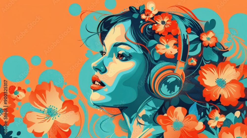 A vibrant portrait of a young woman wearing headphones, surrounded by floral elements in vivid colors on an orange background A vibrant portrait of a young woman wearing headphones, surrounded by floral elements in vivid colors on an orange background