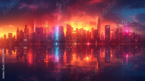 Vector illustration urban architecture, cityscape with space and neon light effect. Modern hi-tech, science, futuristic technology concept. Abstract digital high tech city design for banner