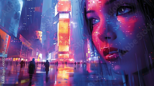 A woman's face is blurred into the background of a vibrant city at night.