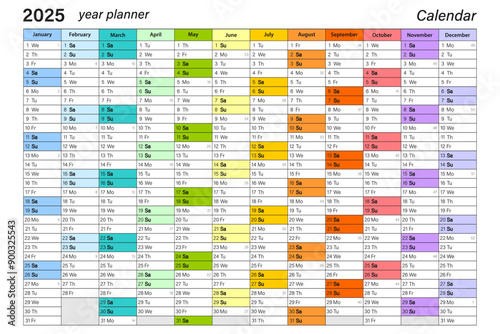 Calendar planner for 2025. Colorful wall calendar in English on a white background. Vector template