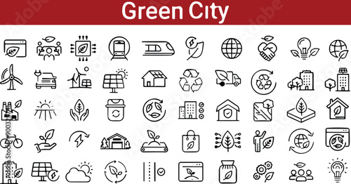 Green City line icons set. Town, energy, plant, Eco friendly environment. Building and trees leaves symbols. House and power