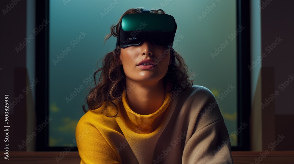 Woman Immersed in Virtual Reality Experience with VR Headset - Modern Technology and Digital Innovation Woman Immersed in Virtual Reality Experience with VR Headset - Modern Technology and Digital Innovation