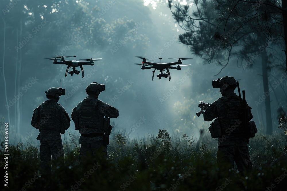 Group of soldiers standing in a dense forest, ready for mission or operation Group of soldiers standing in a dense forest, ready for mission or operation