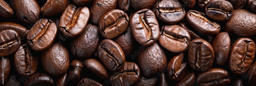 Fototapeta premium Overhead view of backdrop representing halves of dark brown coffee beans with pleasant scent