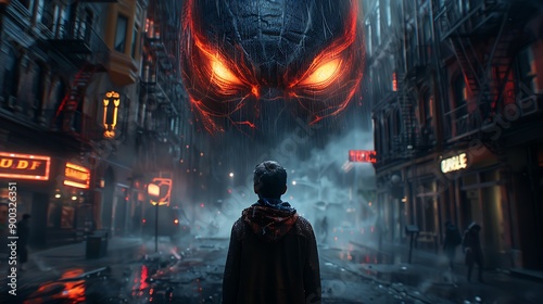 A young man stands alone in a city street, looking up at a monstrous, fiery creature hovering above.