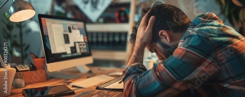 A frustrated person experiencing stress while working on a computer in a home office setting.