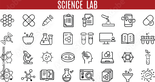 Science lab line icons set. Laboratory, molecule, data, equipment, flask, data science, microscope, science, robot, science book, DNA, plant, supernova,