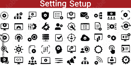 Settings icon set. Setting and setup installation, tools, options, configuration, preferences, adjustments, operation, gear, control panel, equalizer, management, optimization icons. collection