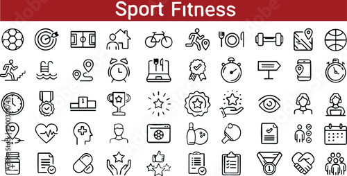 Sports fitness icons line set. Archery, swimming, soccer, Exercise , gym and relaxation. vector illustration