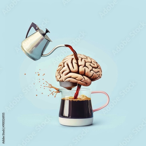 A brain-shaped coffee pot pouring coffee into itself on a simple background with a minimalistic design. 