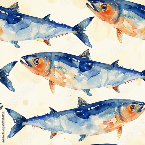 Watercolor pattern with mackerel fish.