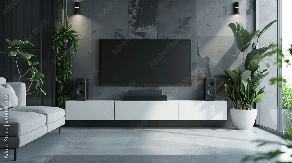 Living Room Interior Mockup: TV Cabinet with Lamp, Table, and Plants