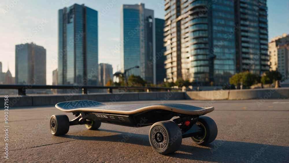 A sleek electric skateboard