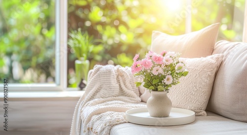 Closeup mockup of a white pillowcase. Canvas with white pillow cover. Cushion cover. Decorative beige pillows. Domestic textile. Living room interior. Flat-lay pillows on couch.