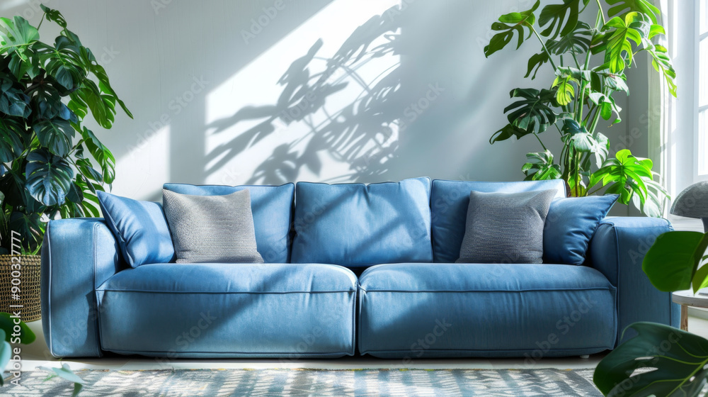 A blue sofa with cushions sits in a living room bathed in sunlight filtering through a window A blue sofa with cushions sits in a living room bathed in sunlight filtering through a window