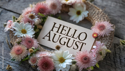 hello, august, handschrift, text, blumen, rahmen, neu, close up, holz, bohemian, style, country, pink, rosa, niedlich, schrift, schild, geschrieben, rustikal, Kranz, weiß, pastel, photo, makro, 3d, ad