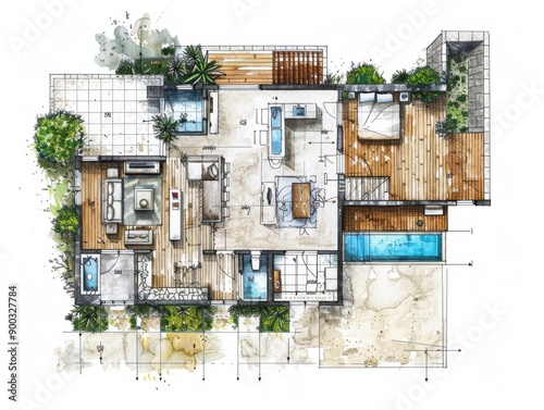 A drawing of a house with a pool and a patio. The house has a modern design with a lot of natural light coming in from the windows. The pool is located in the backyard