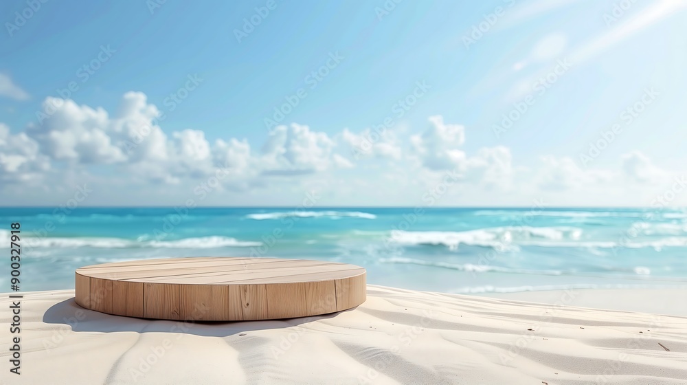 Wooden Platform on a Beach with a Blue Ocean Background Wooden Platform on a Beach with a Blue Ocean Background