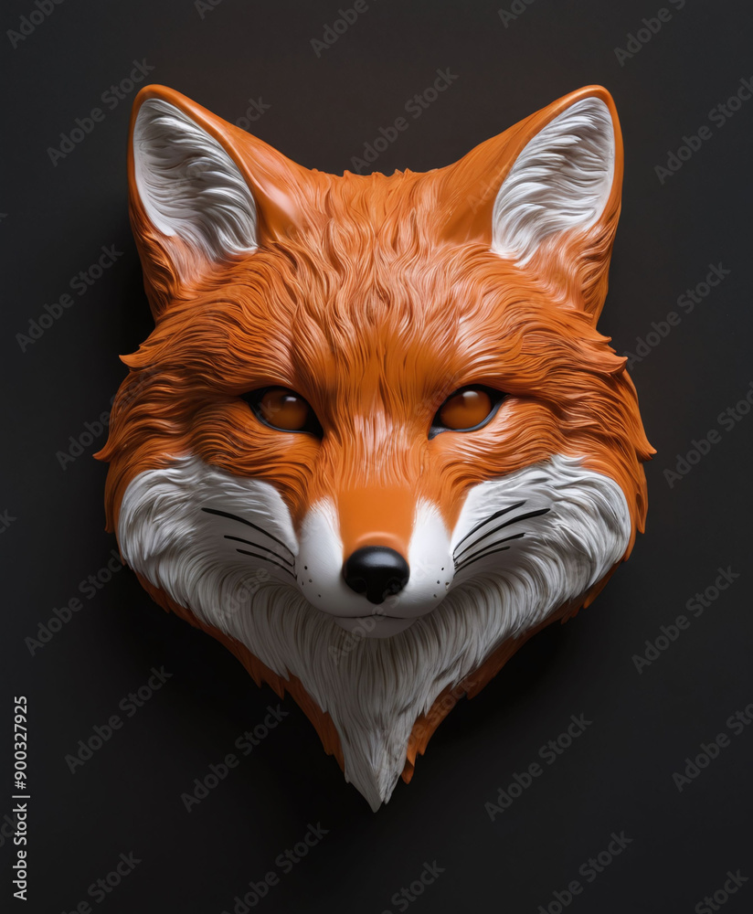 Fototapeta premium Polished Stone concrete glossy Fox head Bust Sculpture Front View 3D render isolated in black dark background