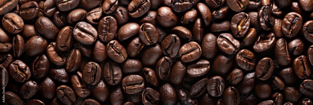Fototapeta premium Overhead view of backdrop representing halves of dark brown coffee beans with pleasant scent