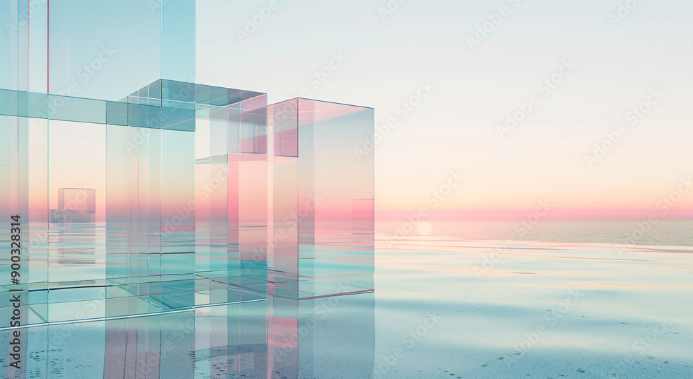 Minimalistic abstract images with transparent glass-like cubes in a tranquil water landscape under a pastel sky, highlighting reflections and modern geometric design Minimalistic abstract images with transparent glass-like cubes in a tranquil water landscape under a pastel sky, highlighting reflections and modern geometric design