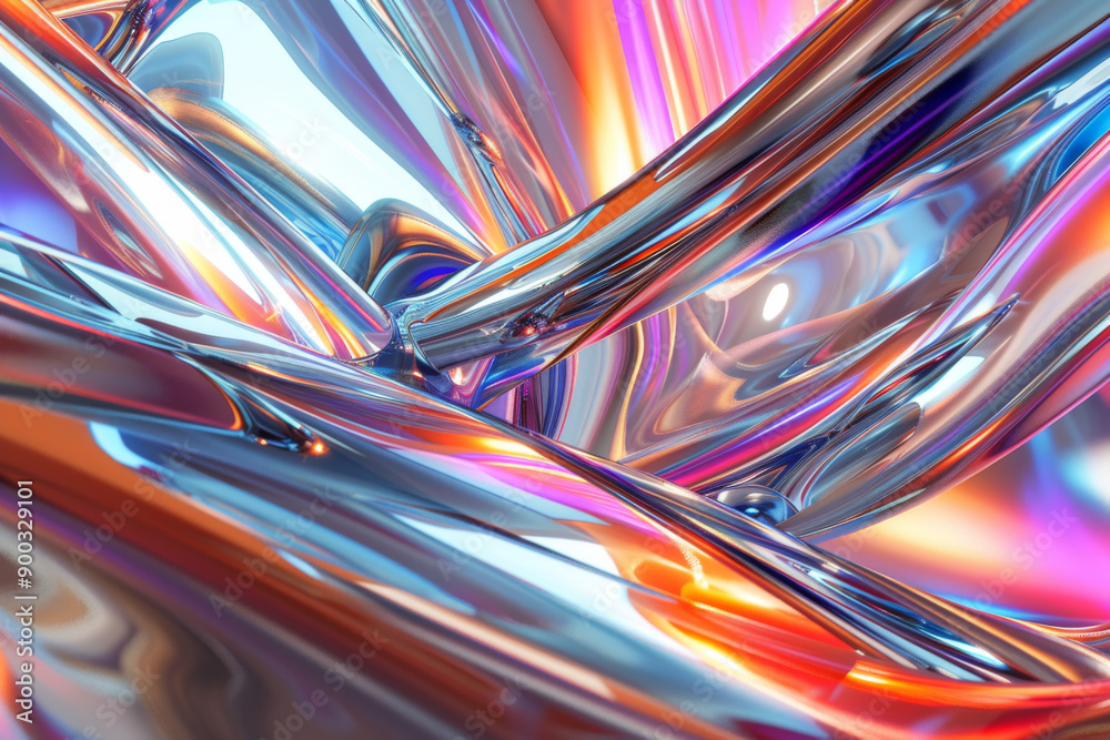 A closeup abstract image featuring metallic iridescent curves in a vibrant symphony of colors