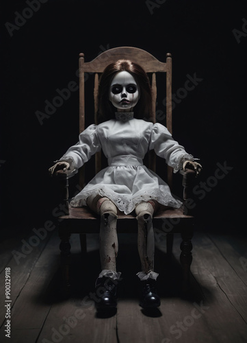 creepy girl horror doll sitting on a rocking chair in a dimly lit room with, thriller theme doll