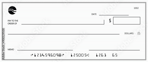 Empty money cheque. Bank check.  check book template with pattern and blank fields. Currency payment coupon, US dollar check background.