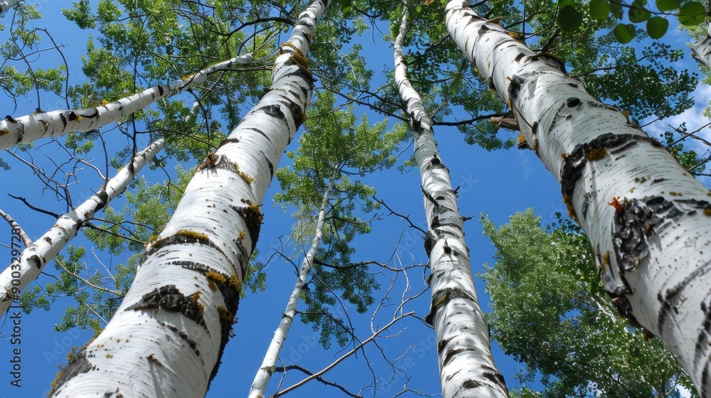 Fototapeta premium Birch (Betula): Featuring distinctive white bark and triangular leaves, birches are pioneer species in forest succession and are valued for their medicinal properties. 