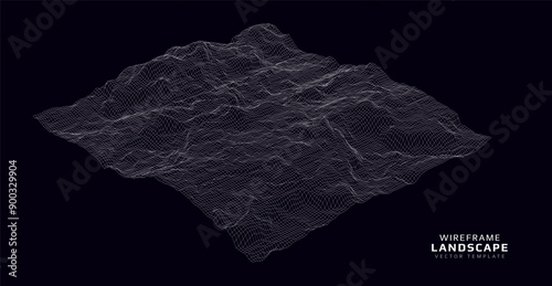 Wireframe landscape. Futuristic 3d mesh background. Digital hills technology. Vector illustration.
