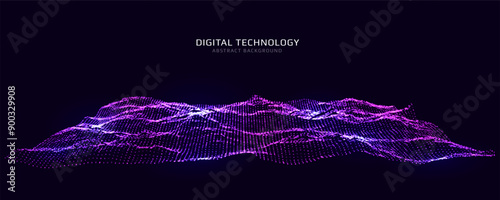 Digital landscape constructed with particles. Wavy 3d background. Vector illustration.