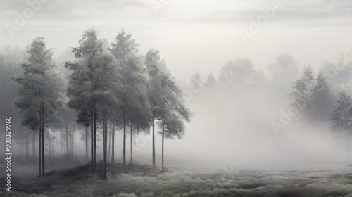 Misty forest sunrise paints ethereal canvas with fog, trees, and distant mountains © Iqbal
