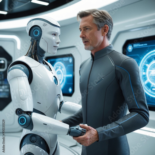 A futuristic scene with a robot shaking hand to a man photo