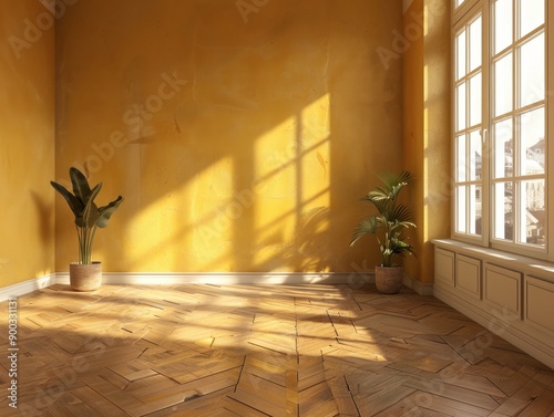 A room with a yellow wall and two potted plants. The room is empty and has a bright, sunny atmosphere