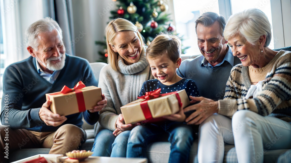 Fototapeta premium Happy family with Christmas presents sitting on sofa in living room at home
