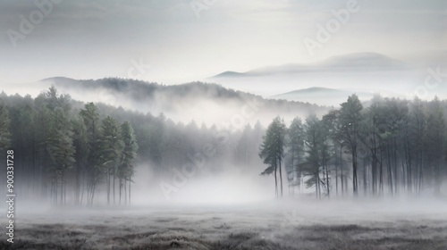 Misty forest sunrise paints ethereal canvas with fog, trees, and distant mountains © Iqbal