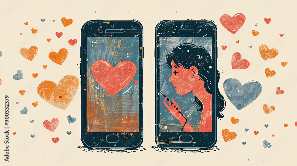 Obraz premium vector, illustration, Smartphone with male and female profiles. Friends chatting. New generation. The concept of social networks, virtual relationships. Friends chatting and texting. Vector illustrati