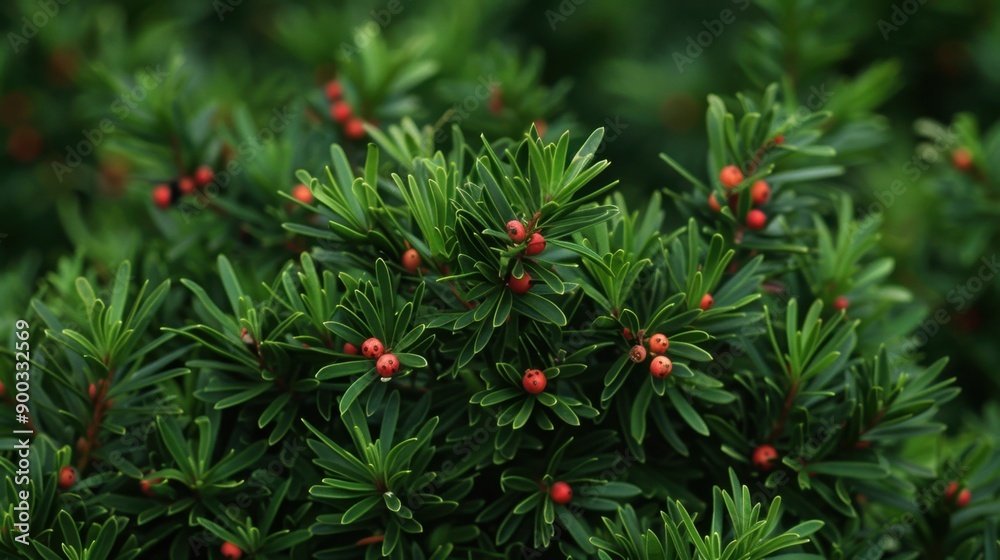 Obraz premium Yew (Taxus): Evergreen yews have dark green needles and red arils. Despite being toxic, they are appreciated for their ornamental beauty and medicinal uses. 