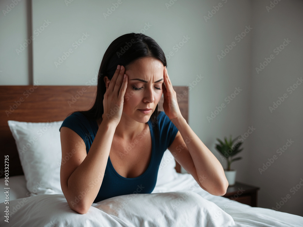 A woman massaging her temples while sitting on a bed, depicting a common method to alleviate migraine pain. A woman massaging her temples while sitting on a bed, depicting a common method to alleviate migraine pain.