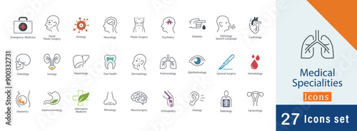 Medical Specialties icon collection set. Containing plastic surgery, psychiatry, diabetes, endocrinology, speech-language pathology and more icons 