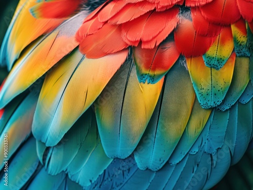 Colorful feathers of a macaw, close-up view