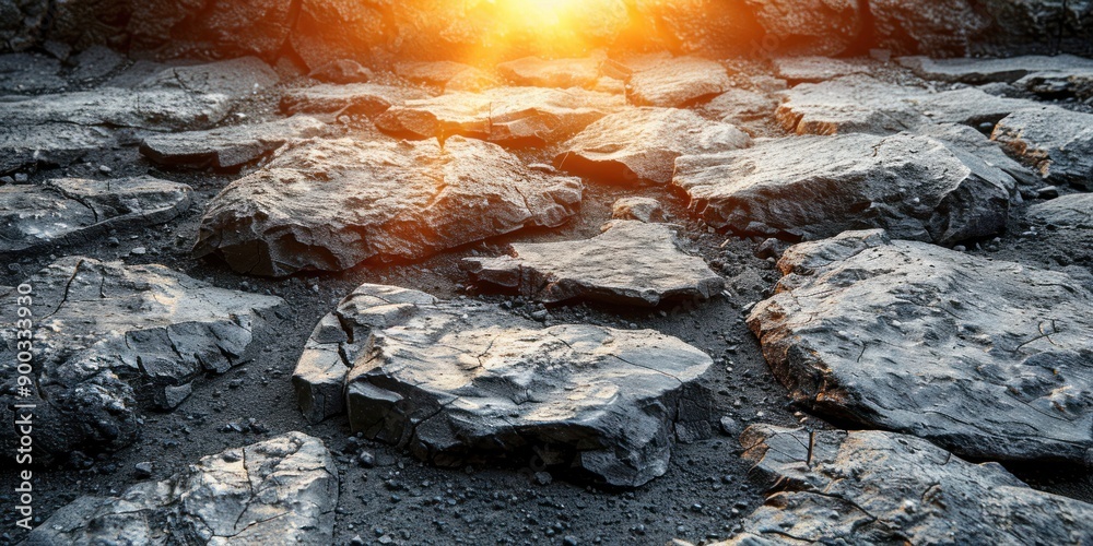 A stone pathway leads toward a bright sunset A stone pathway leads toward a bright sunset
